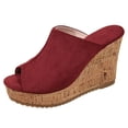 thumbnail image 5 of Rokment Peep Toe Platform Wedge Slides Sandals for Women Ladies Fashion Casual Suede Chunky High Heels Dress Slip on Cork Footbed Summer Shoes Red Size 6, 5 of 8