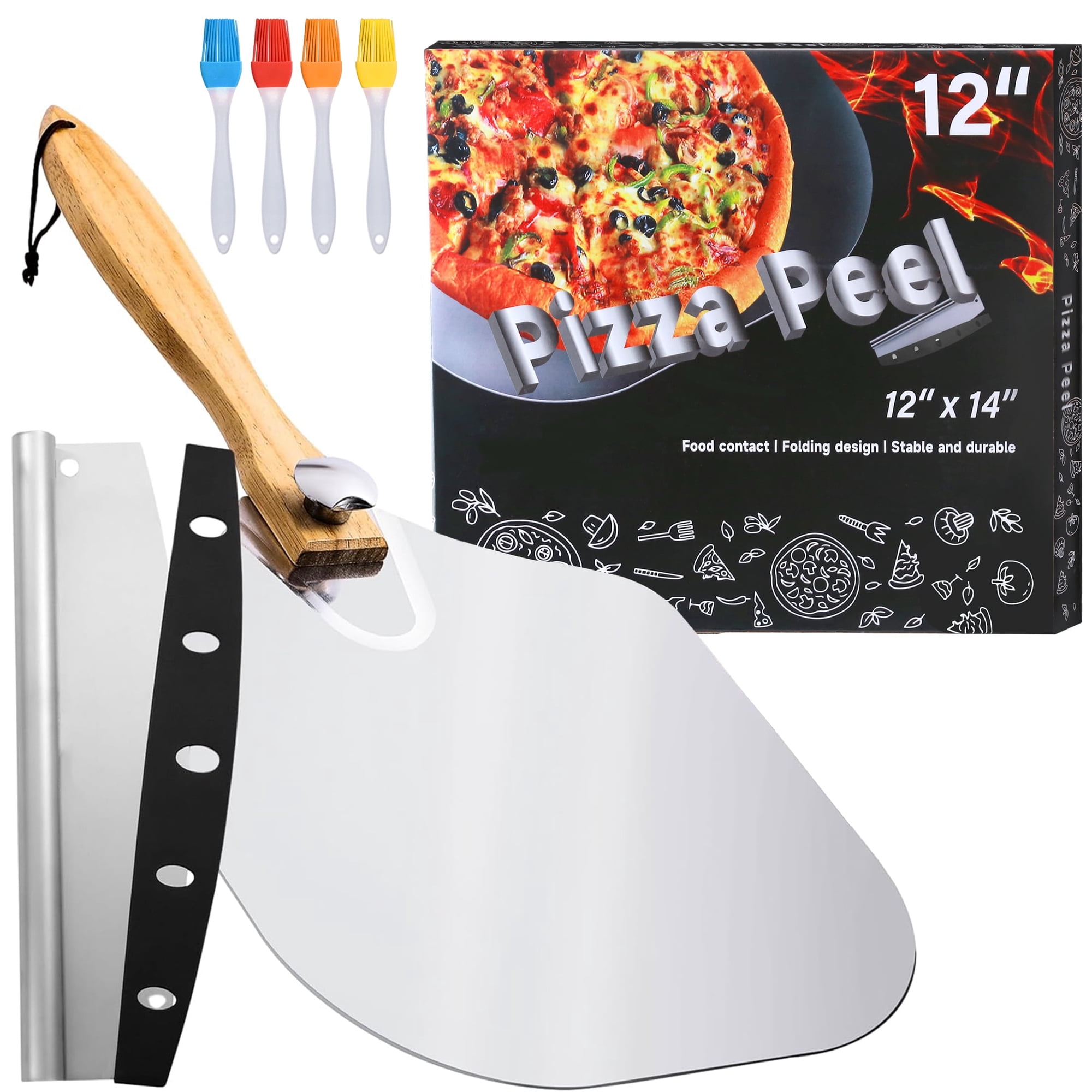 Fabulas Pizza Peel Aluminum Pizza Spatula, 12" x 14" Metal Pizza Paddle Set with Foldable Wood Handle, Rocker Cutter, and Oil Brush for Family Pizza Oven, Baking Homemade Dough, Bread and Pastry