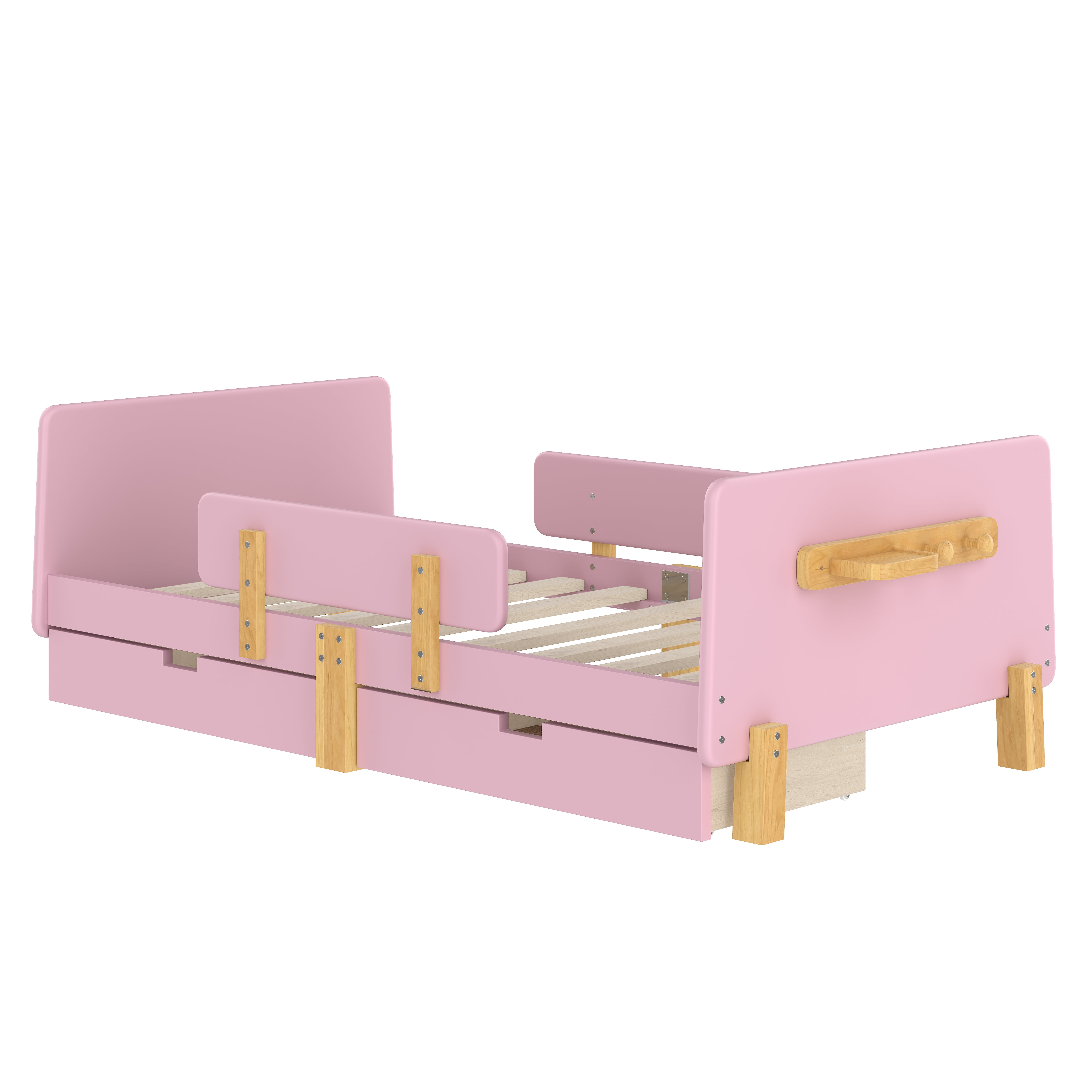 Yoneston Twin Size Kids Platform Bed with 2 Storage Drawers, Solid Wood Todder Bed Frame with Guardrails and Hooks for Boys Girls, Pink