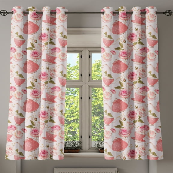 Ambesonne Floral Grommet Curtain, Vintage Tea Cups Roses, 50" x 54", Fern Green Pale Pink