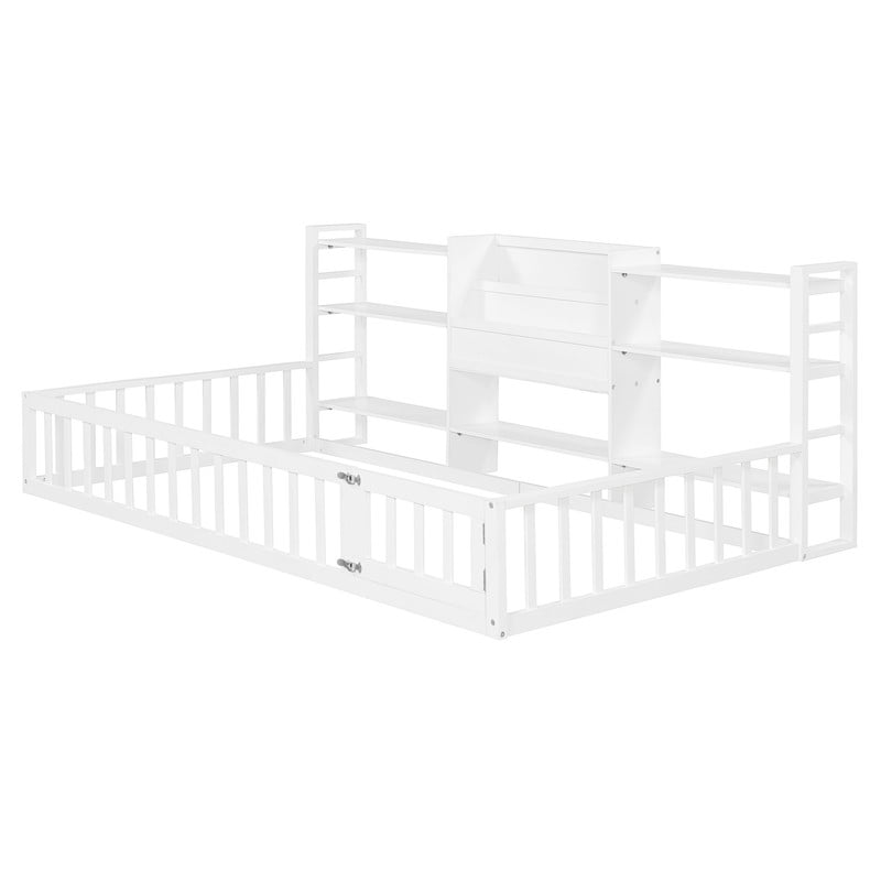 Twin Size Floor Bed with Integrated Bookcase and 3-Tier Storage Shelves, Low Profile Wood Toddler Bed Montessori Bed with Safety Guardrails for Boys Girls