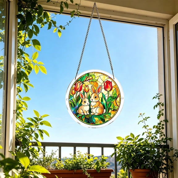 YangKa Bunny Rabbit Acrylic Puzzle Suncatcher, Floral Window Hanging, Sweet Birthday Gift for Women, Charming Home Decor