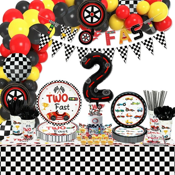 245pcs Two Fast Race Car Birthday Decorations - Racing Car Balloons, Banner, Plates, Napkins, Cups, Cake Topper, Tablecloth, for Boys Kids' Two Year Old Birthday Party, Serves 20 Guest (Two Fast Set)