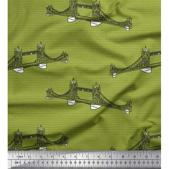 Soimoi Green Modal Satin Fabric Text & London Bridge Architectural Printed Fabric 1 Yard 42 Inch Wide