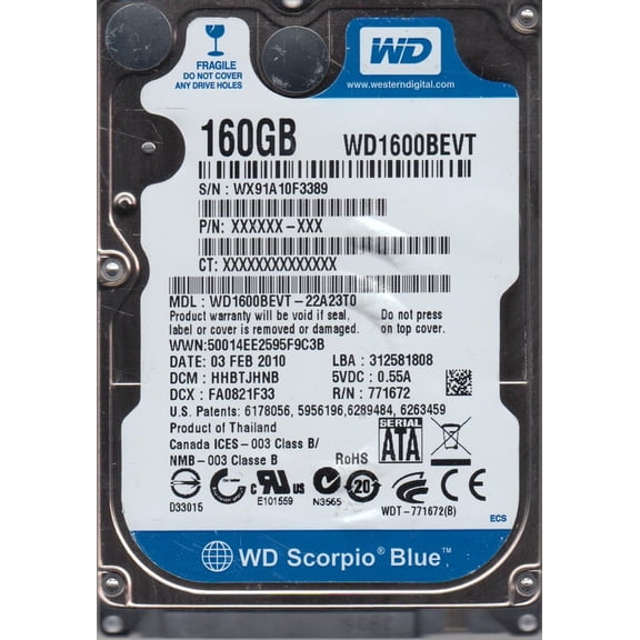 WD1600BEVT-22A23T0, DCM HHBTJHNB, Western Digital 160GB SATA 2.5 Hard Drive