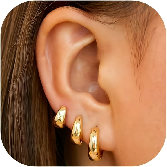 DESIGNICE Chunky Small Gold Hoop Earrings Set For Women, Dainty 14K Gold Plated Huggie Earrings Stack For Women Trendy, Hypoallergenic Lightweight Thick Huggie Hoops Stackable Earrings For Women