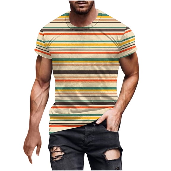 WRKEKC T-Shirts for Men Striped Printed Crew Neck Short Sleeve Tops for Men Daily Casual Wear Gym Workouts and Outdoor Exercises