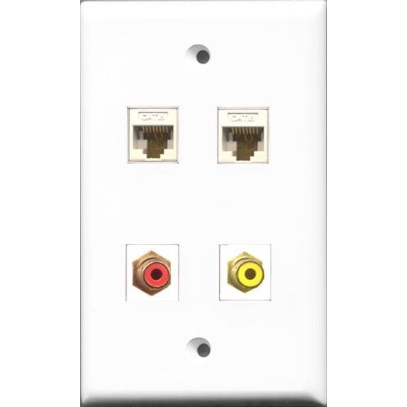RiteAV 1 Port RCA Red and 1 Port RCA Yellow 2 Port Cat6 Ethernet White Wall Plate