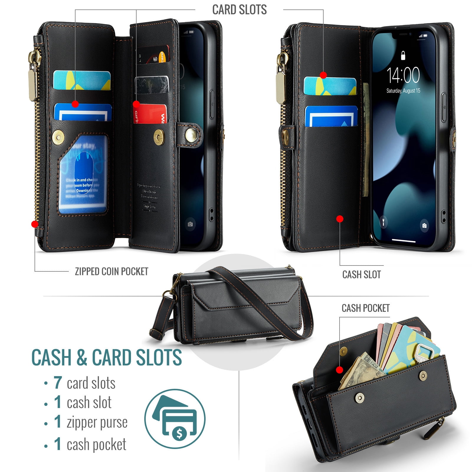 Asuwish Compatible with iPhone 15 Pro 6.1 inch Zipper Wallet Phone Case Tempered Glass Screen Protector Crossbody Lanyard Strap Flip Card Holder Slot Cell Cover for i Phone15 i15 15Pro Women Black