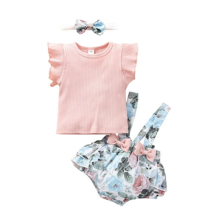 

Qufokar 3-6 Month Girl Clothes New Baby Gift Set Toddler Kids Baby Girls Short Ruffled Sleeve Ribbed Blouse Tops Floral Print Bowknot Overalls Suspender Pants With Headbands Outfit Set Clothes 3Pcs
