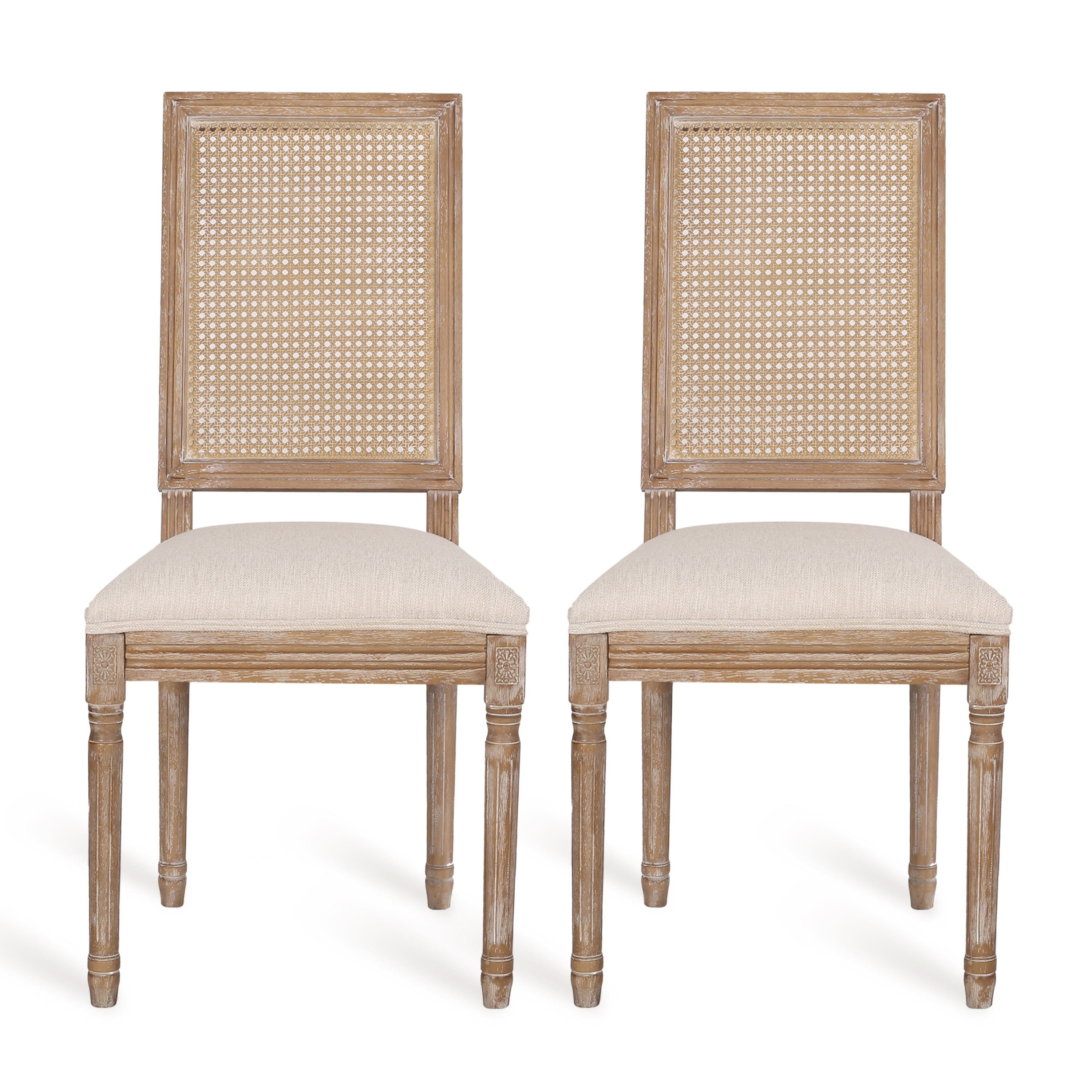 Euroco Set of 2 French Country Dining Chairs with Cane Backrest, Upholstered Seat, and Weathered Rubberwood Frame, Vintage Farmhouse Side Chairs
