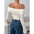 thumbnail image 6 of Women'S Lace Trim Off Shouder Top Long Sleeve Double Lined Y2k Trendy T-Shirts Cream White XXL, 6 of 7