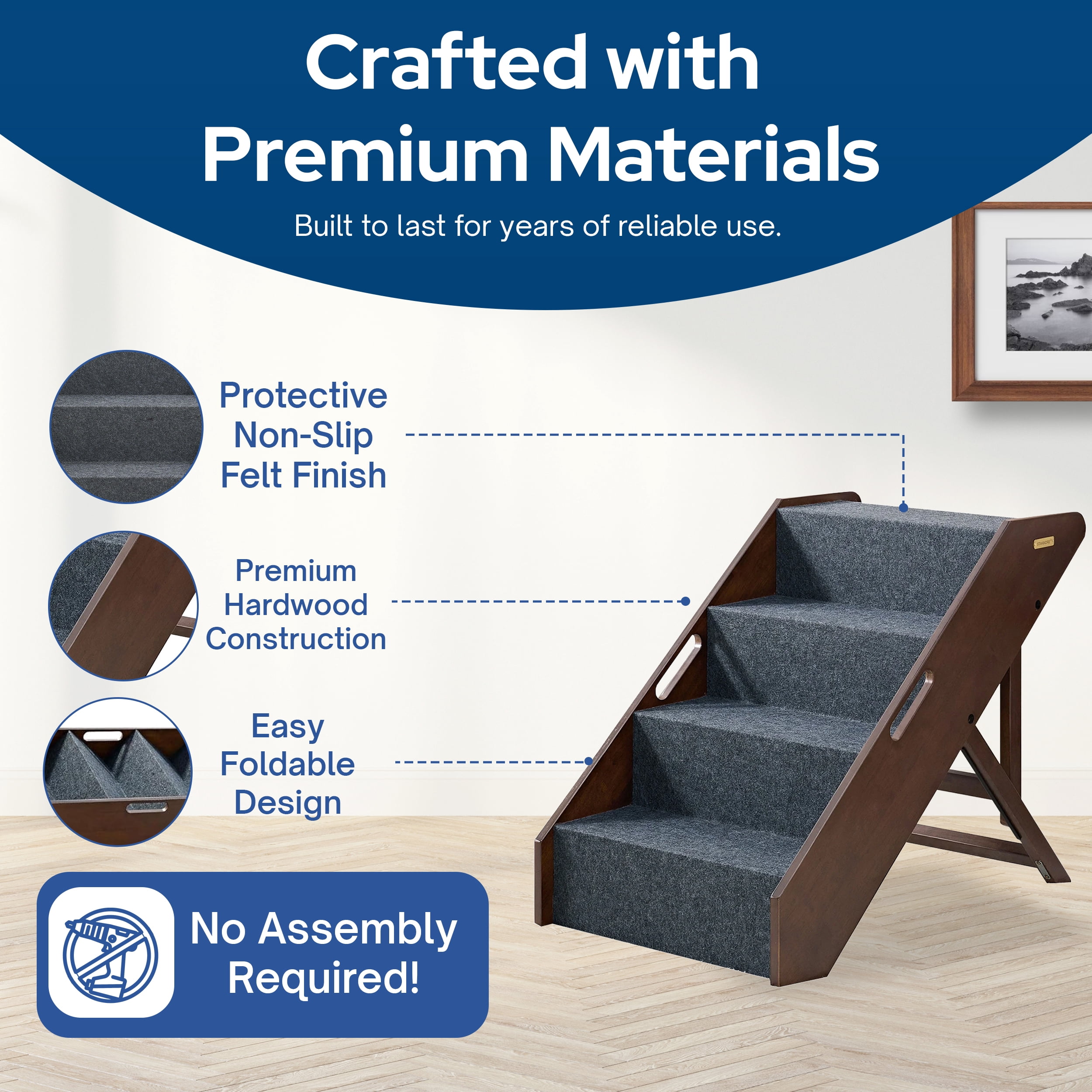 MECO Stakmore Foldable Pet Steps with Solid Hardwood Construction, Espresso w/Gray Felt