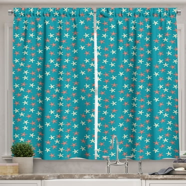 Under the Sea Curtains 2 Panels Set, Starfishes Pattern Dots Nautical Wildlife Composition Marine Fauna, Window Drapes for Living Room Bedroom, 55W X 39L Inches, Coral Ivory Teal, by Ambesonne