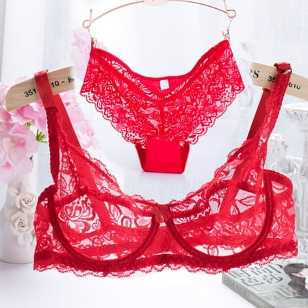 

ALSLIAO Lace Embroidery Bras Set Underwear Sexy 3-4 Cup Thin Transparent Bra Panty Set Red 36/80B