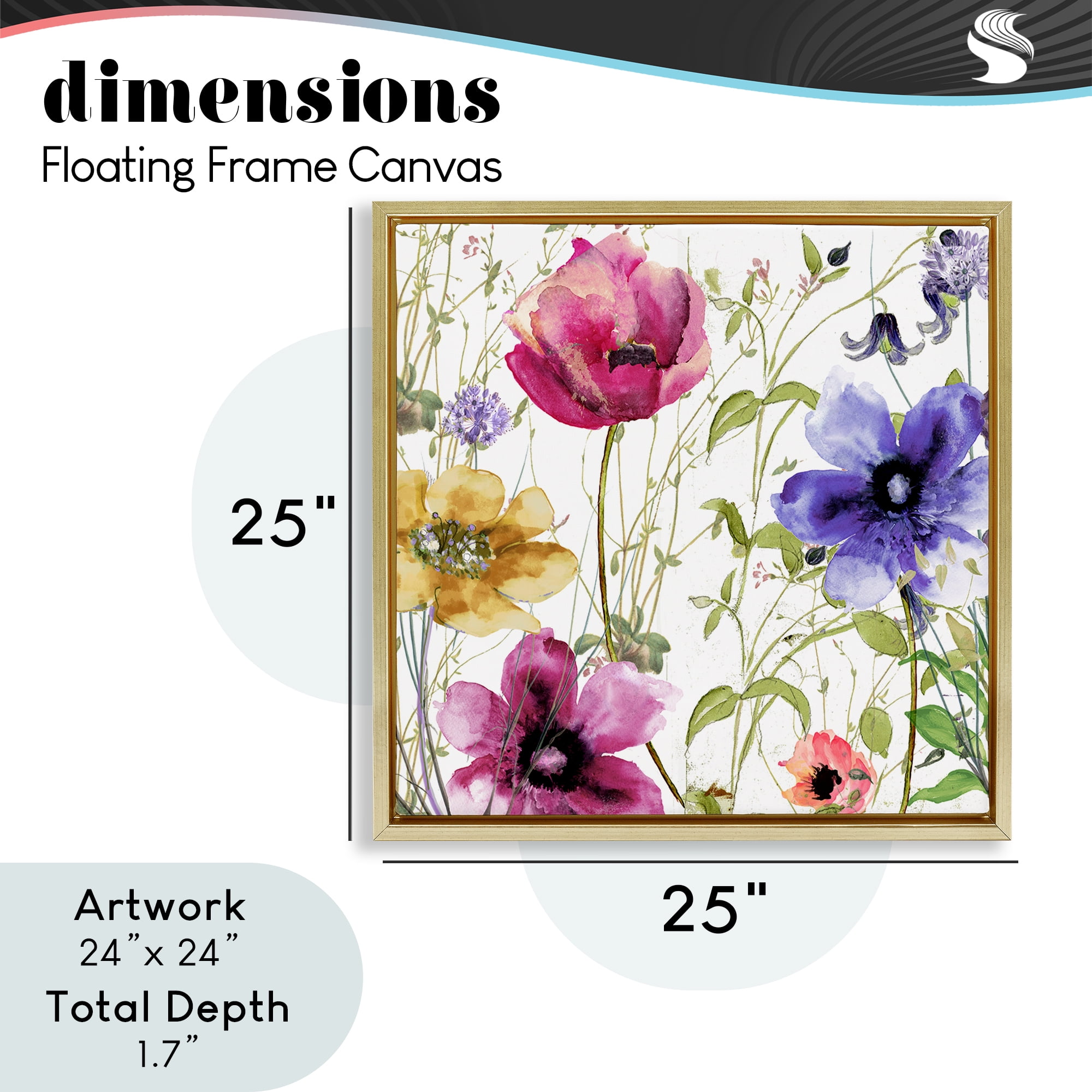 Botanical Spring Garden Blooms Gold Framed Floater Canvas Wall Art, design by Sasha