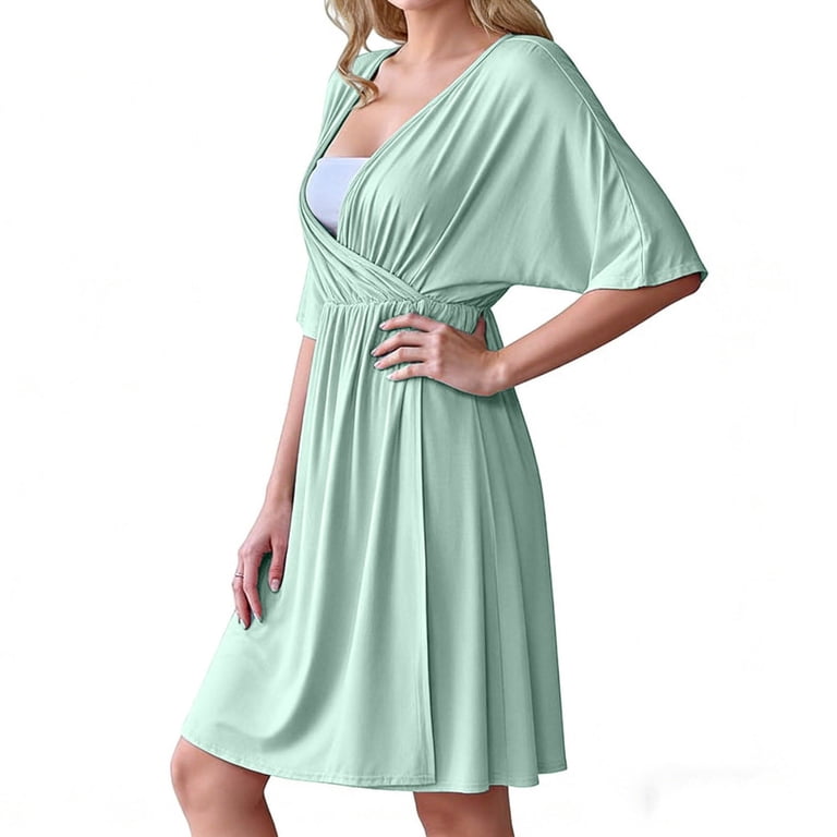 Women Maternity Solid Dress Summer Casual Short Sleeve V-Neck Dress Comfy Breathable Pregnancy Clothes for Daily Wear Mint Green XXL