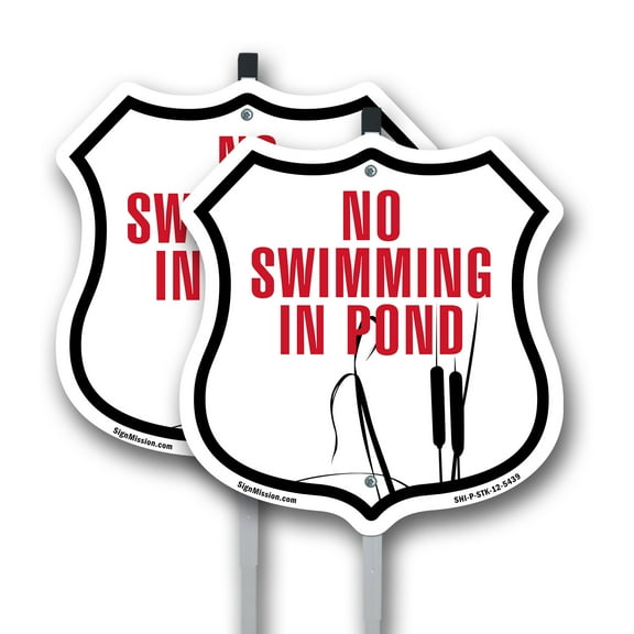 No Swimming In The Pond (2 Pack) 12 inch X 12 inch Shield Shaped Commercial Grade Plastic Signs with Aluminum Mounting Stakes Weather Resistant Made in the USA
