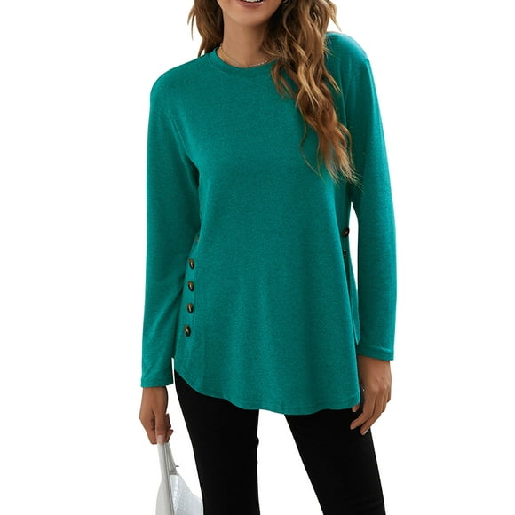 Women T-shirt Solid Color Casual Button Top Round 3 4 5 Neck Long Sleeve Fall Blouse Sweatshirt, Green, S