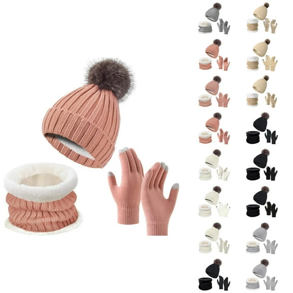 Women Plush Knit Three Piece Set - Thick Hat Neck Warmer Gloves Combo, Comfortable Warm Stocking Stuffers, Winter Gifts For Girls Teen Girls