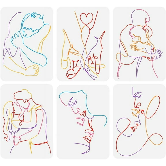 6PCS Abstract Couple Line Stencils - 8.3x11.7inch Reusable Men Women Couples Painting Stencils with Large Face Hand Heart Patterns - Abstract Boho Style Colorful DIY