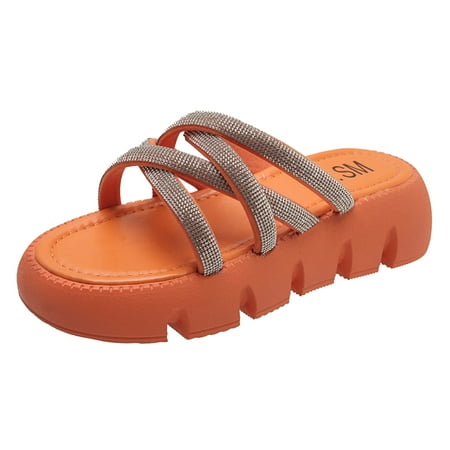 OJSFQUFP Sandals Women Dressy Summer Women Slippers Fashion Summer New Pattern Fashion Solid Color Rhinestone Decorative Open Toe Round Toe Thick Sole Shoes Cozy Gifts Orange 38