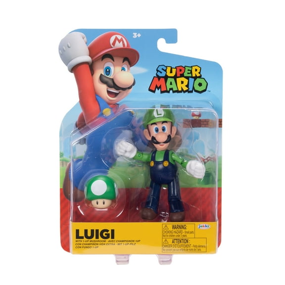 World of Nintendo Super Mario Luigi 4 inch Articulated Action Figure with Green Mushroom Accessory