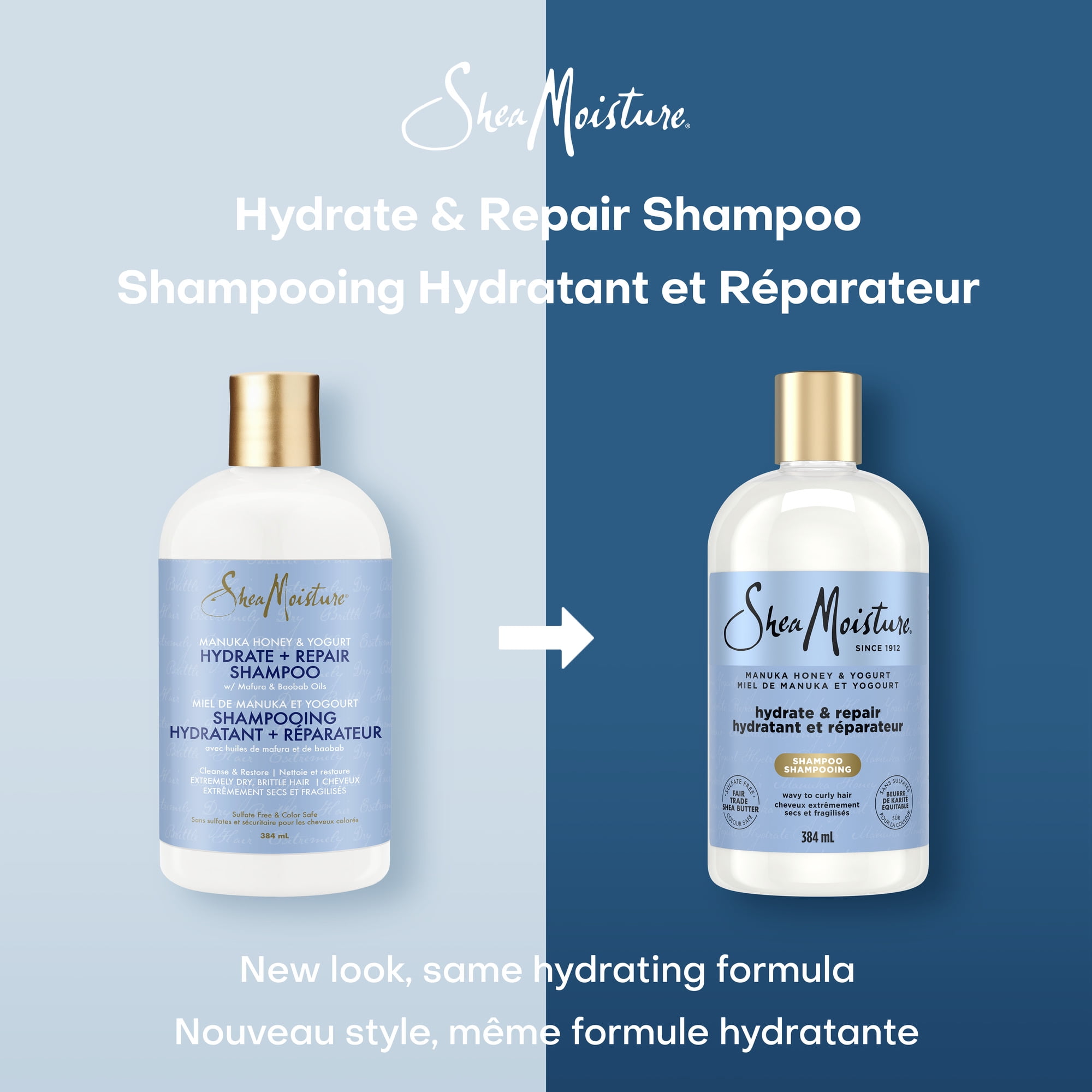 SheaMoisture Manuka Honey & Yogurt Hydrate & Repair Sulfate-Free Shampoo for Damaged Wavy & Curly hair with Mafura & Baobab Oils 384mL, 384mL