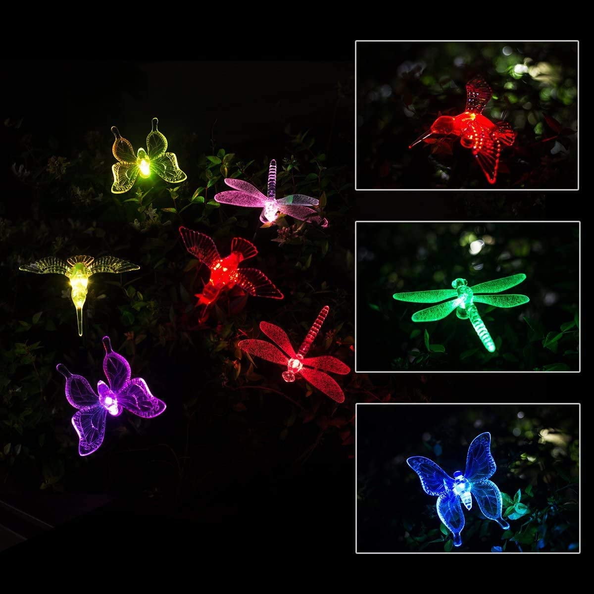 Solar Garden Lights, 3 Pack Solar Garden Stake Light, Multi-color Changing Solar Powered Decorative Landscape Lighting Hummingbird Butterfly Dragonfly for Outdoor Path, Yard, Lawn, Patio