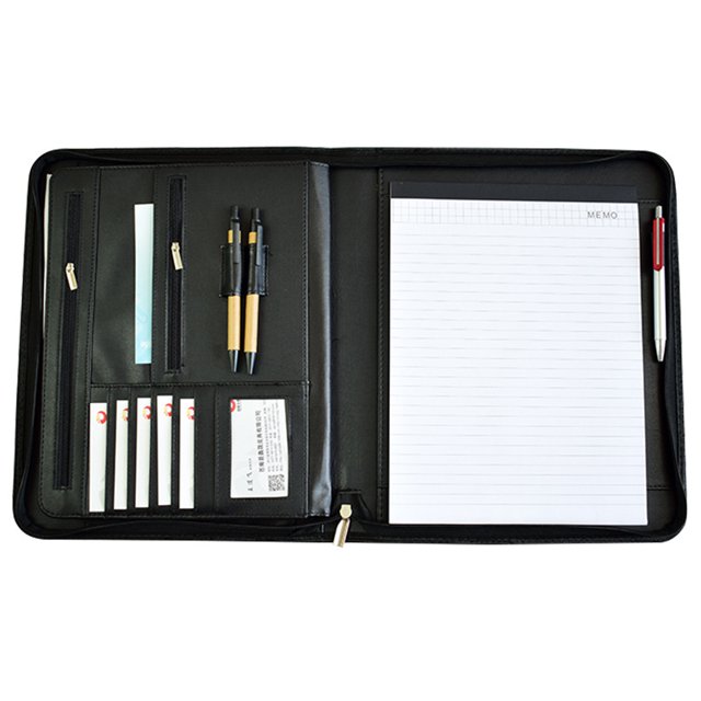 Producto de 1 pieza Portafolio A4 de piel sintética, porta notas, para anotar reuniones/citas de negocios, porta documentos con cremallera sin pérdidas, ligero y duradero - negro ER