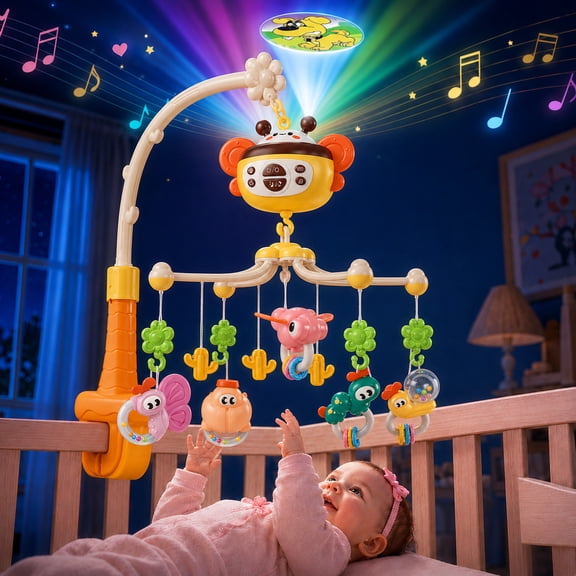 WonderStone Baby Musical Crib Mobile, Rotating with Lights & Projector, Remote Control, Bassinet Mobile with Timer, Music & Teether Rattle for Newborns