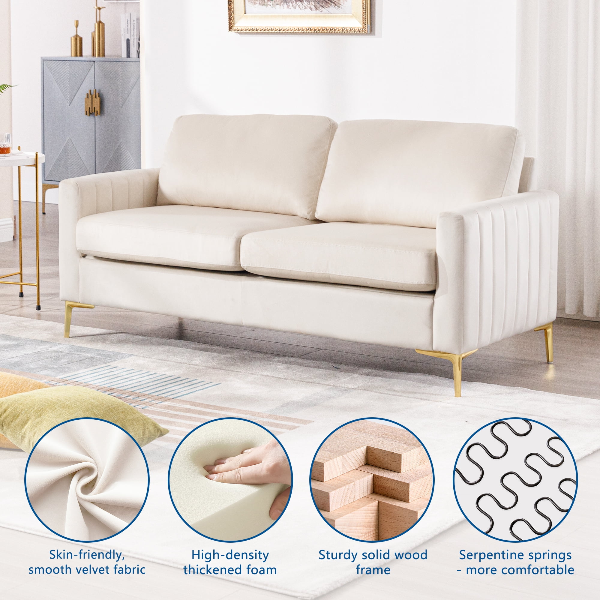 Lunale 65" Loveseat Sofa, Deep Seat Cloud Couch, Modern Velvet Living Room Sofa, Beige