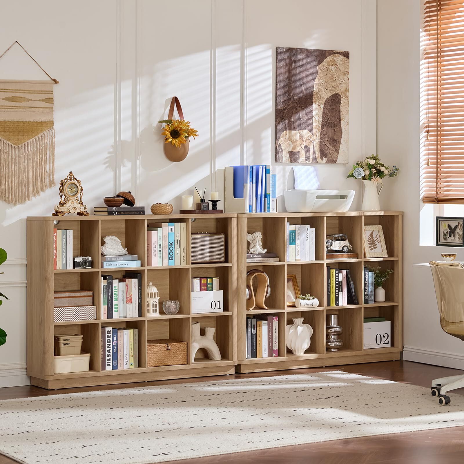 Buildhom 12-Cube 3-Tier Storage Bookcase, 41" Tall Floor Standing Bookshelf with Curved Edge for Living Room, Office, Natural