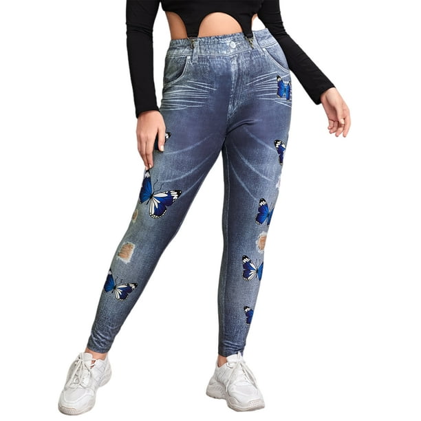 Sexy Dance Ladies Faux Denim Pant Ripped Print Plus Size Leggings Tummy  Control Fake Jeans Breathable Jeggings High Waist Trousers Blue XL