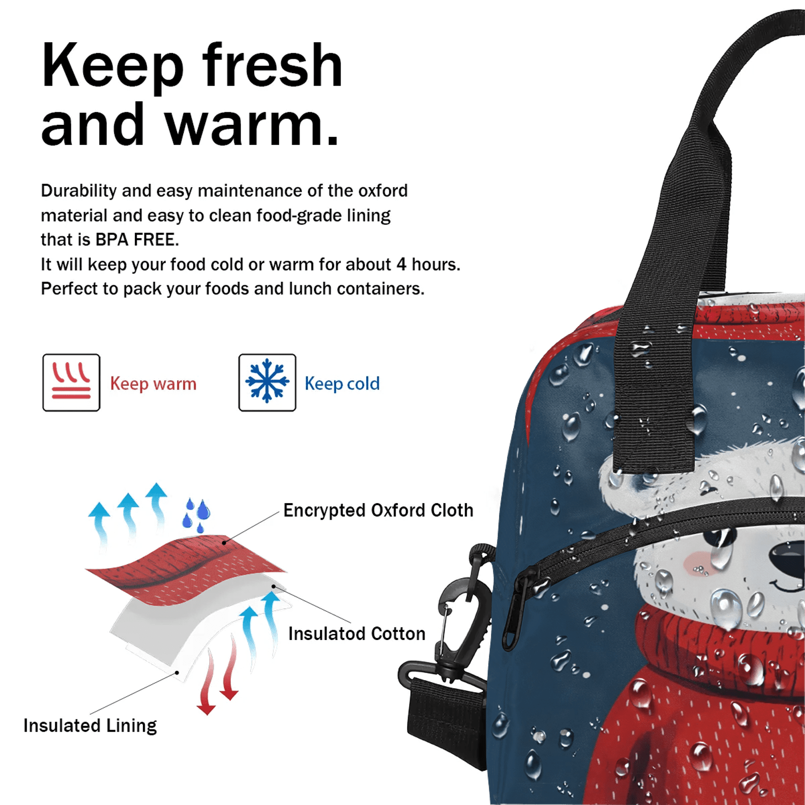 Herdesigns Cartoon Lunch Bag for Women Men Adult, Bear Large Insulated Reusable Lunch Box Leakproof Portable Cooler Tote Bags for Work Picnic Beach