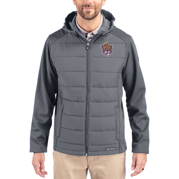 Men's Cutter & Buck Gray LSU Tigers Evoke Hybrid Eco Softshell Recycled Full Zip Hooded Jacket