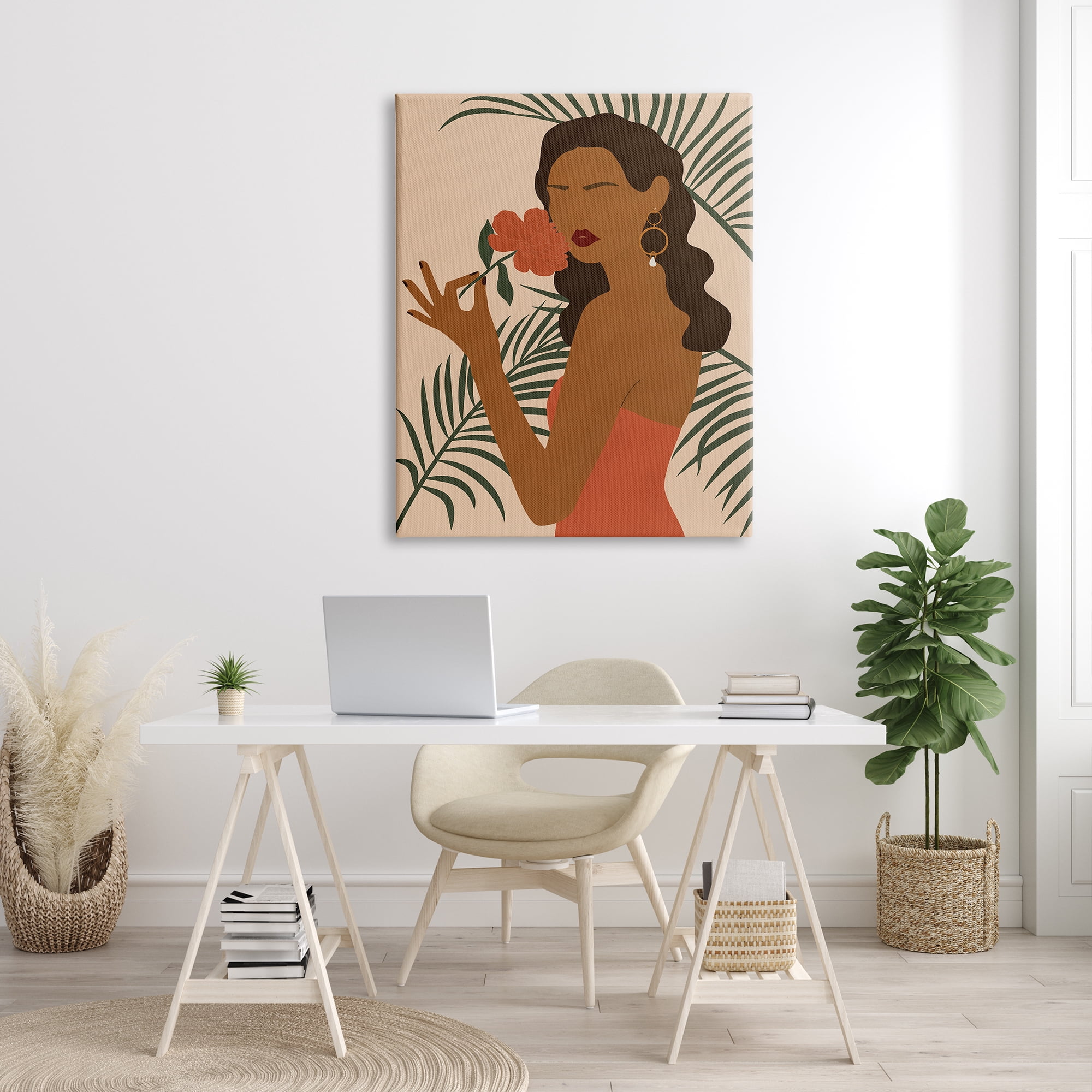 Stupell Industries Woman With Red Floral over Green Palm Leaves, 36 x 48, Designed by JJ Design House LLC