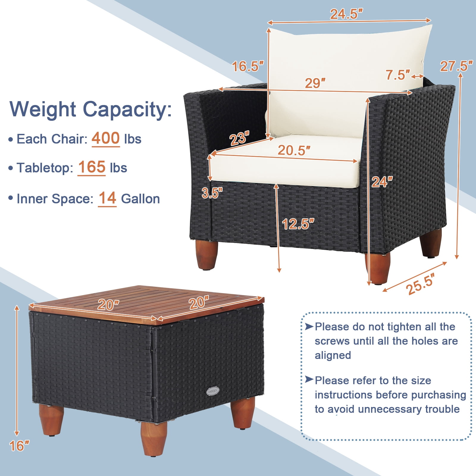 Gymax 3PCS Rattan Furniture Set Cushioned Sofa Storage Table W/ Wood Top Patio White
