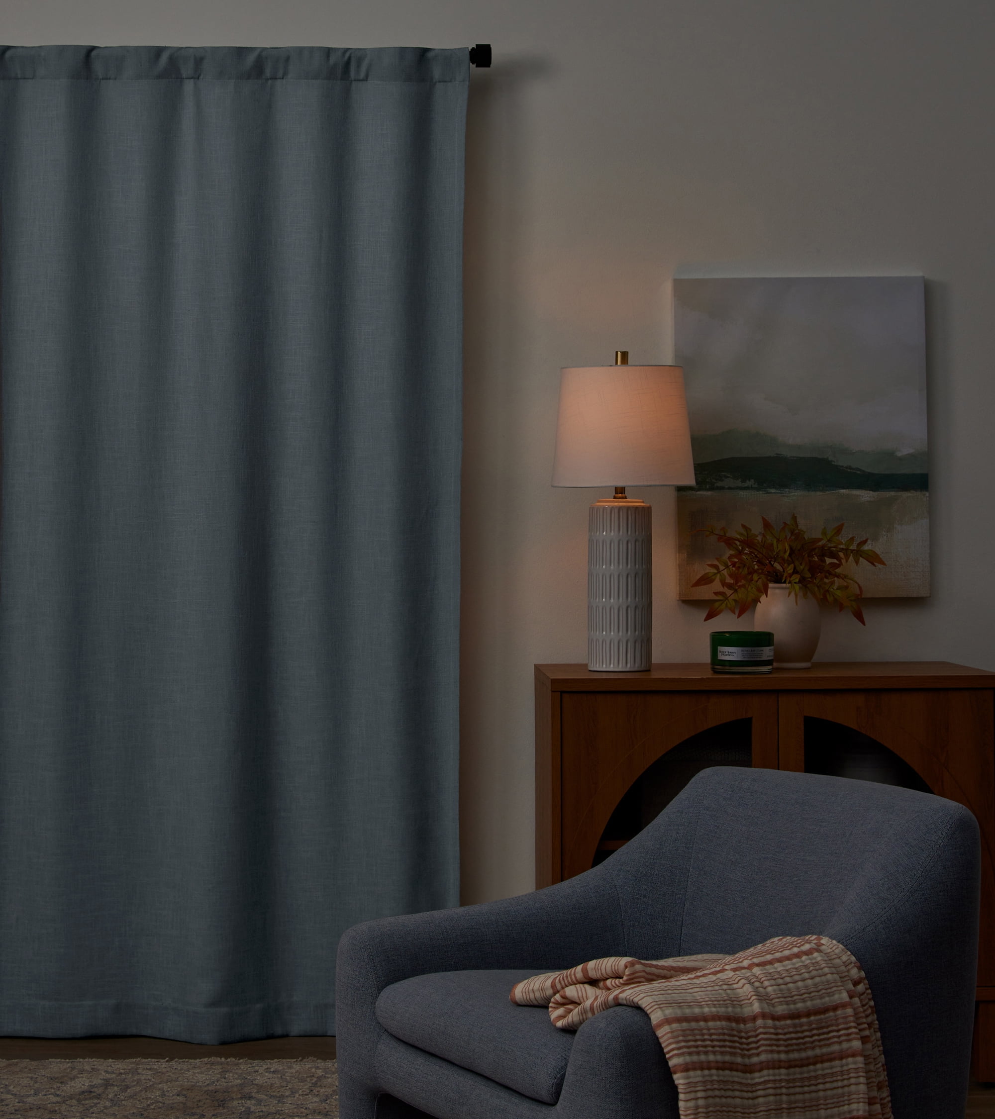 Better Homes & Gardens 100% Blackout Linen Blend Single Curtain, 50x84, Blue Water