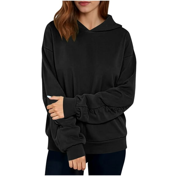 Annhoo Sweatshirts for Women Pleated Long Sleeve Hooded Blouses Pullover Solid Color Daily Outdoor Casual Knit Shirts