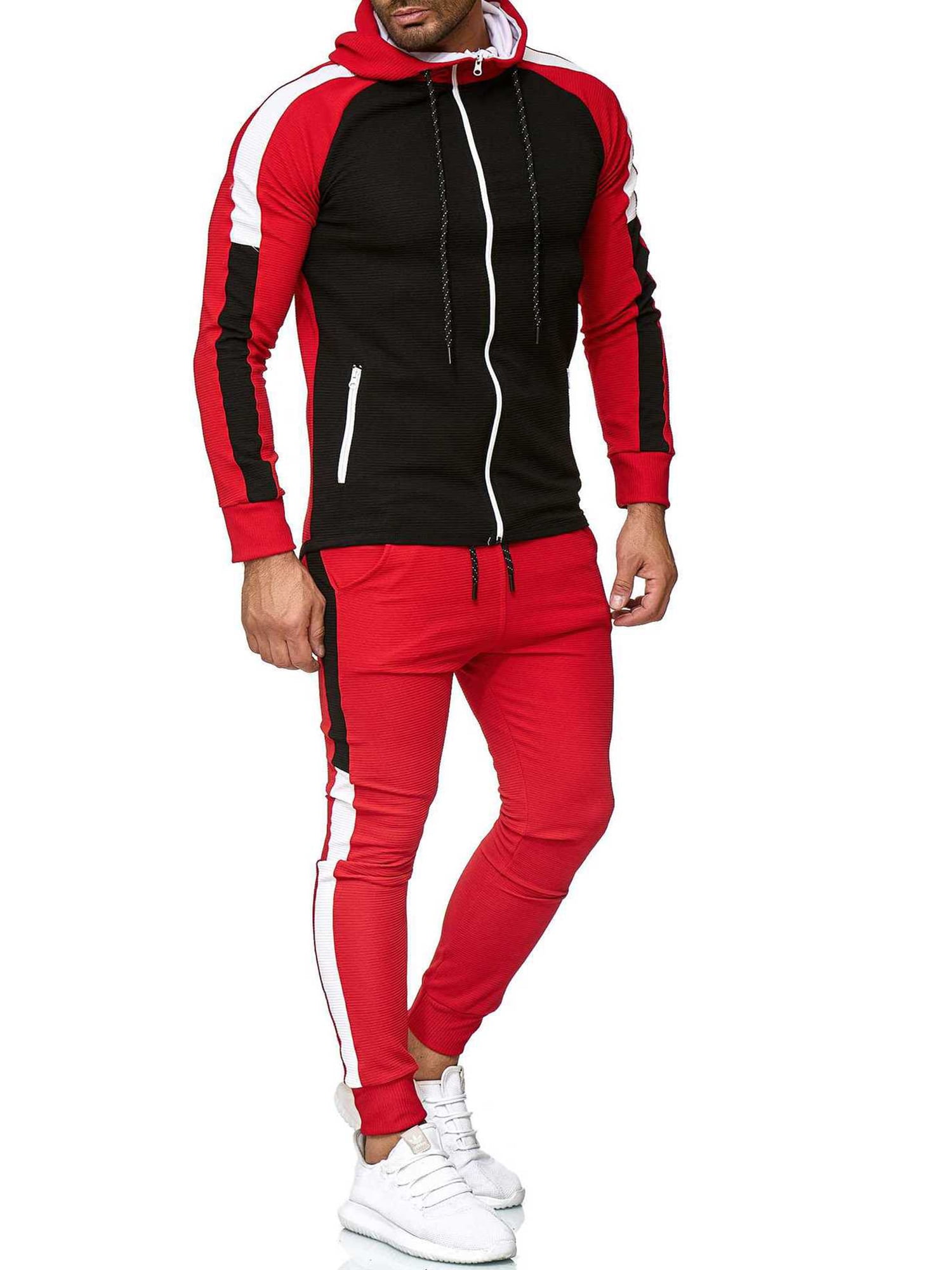 Sports Mens 2PC Tracksuit Joggers Sweat Suit Stripe Long Sleeve Hoodie+Pant Set 