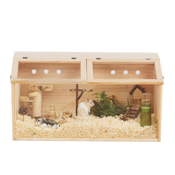 JERFIT Large Transparent Acrylic Hamster Cage with Wooden Frame, Natural Wood Small Animal Hutch Habitat for Rabbits, Guinea Pigs, Gerbils, Ferrets