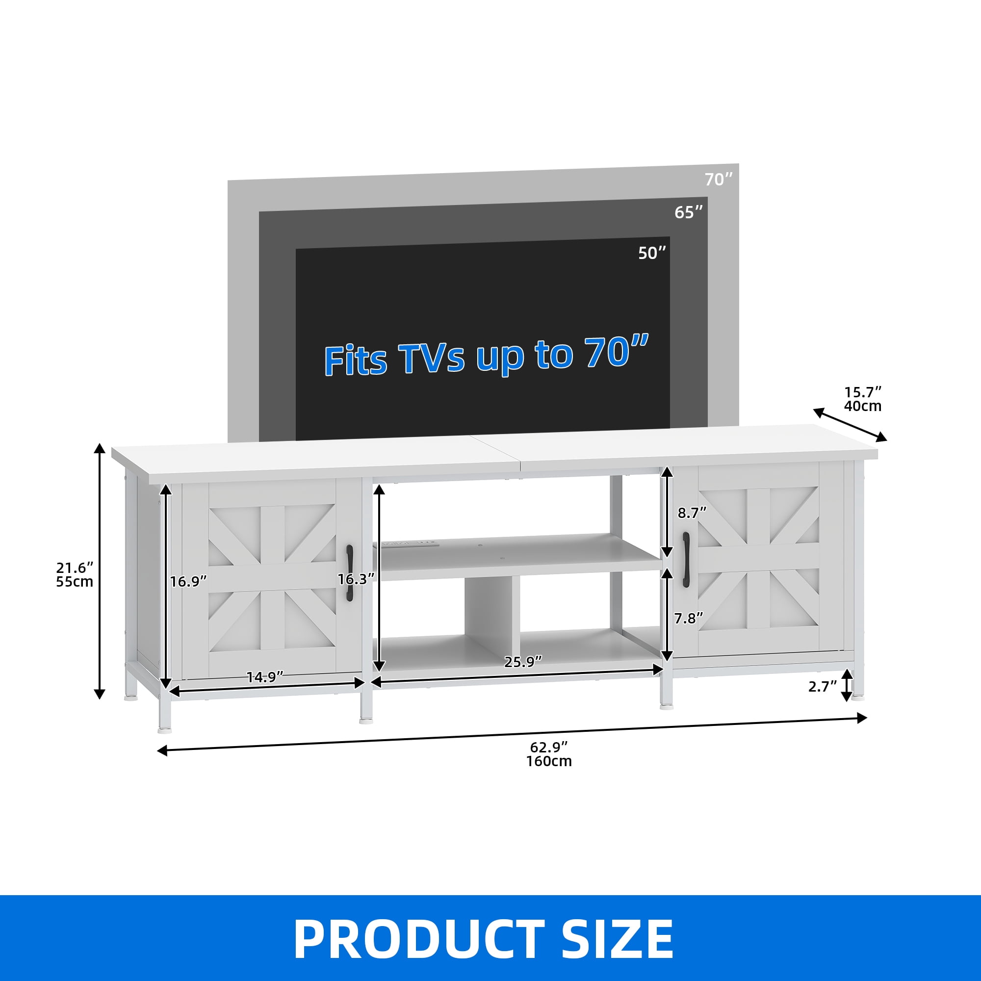 Uforic Farmhouse TV Stand with LED & Charging, Storage Cabinet and Shelves for TVs up to 70", White