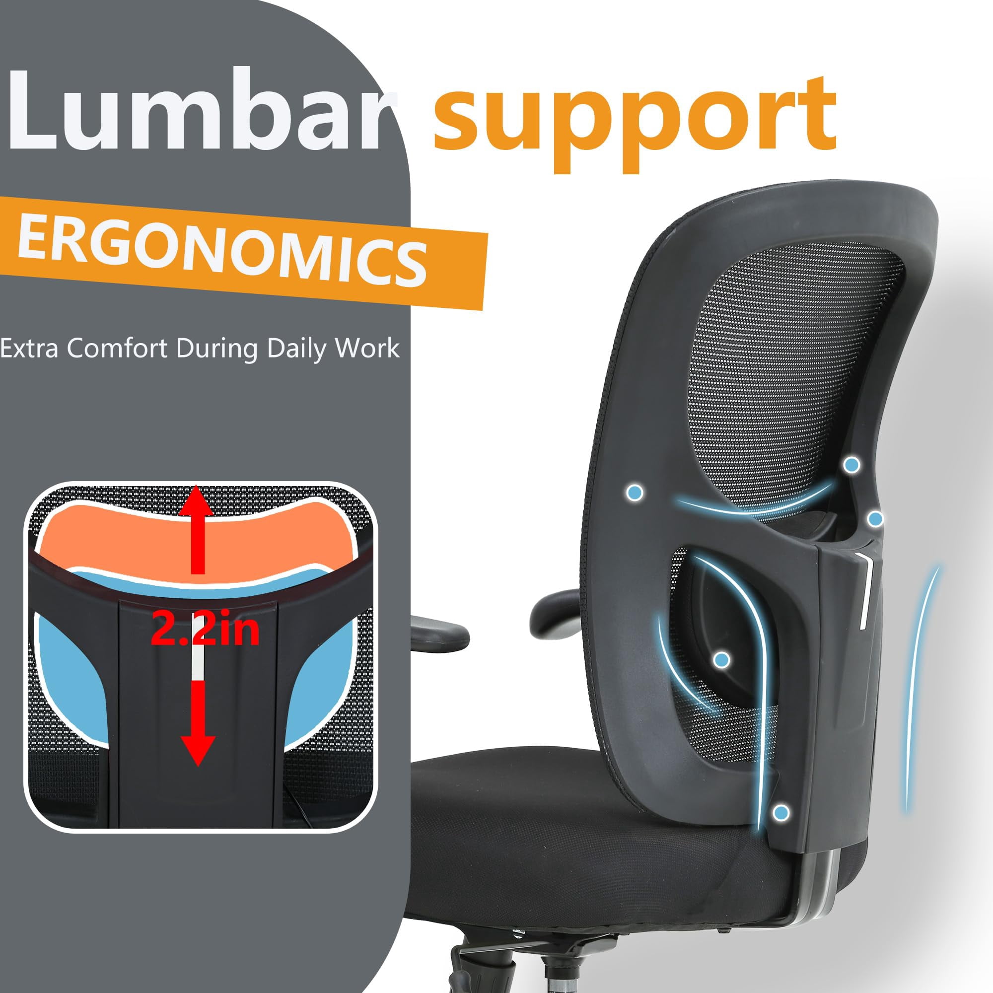 FDW Adult Mesh, Metal Indoor Residential Ergonomic and Lumbar Support Office Chairs, Black