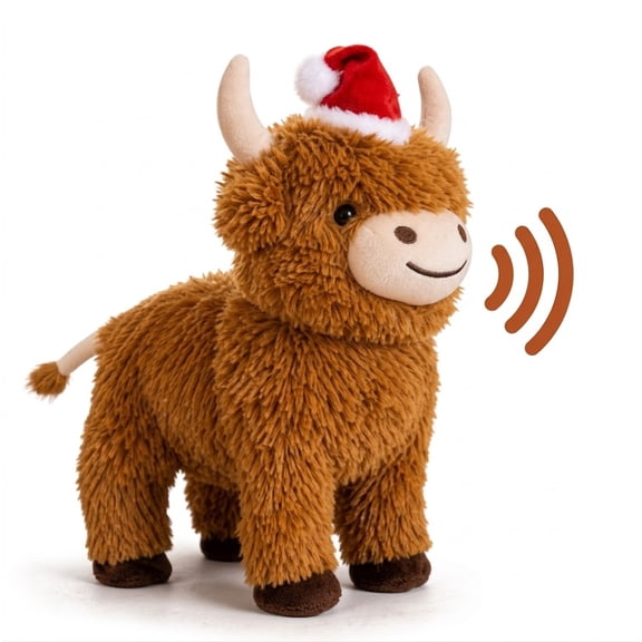 14" Christmas Highland Cow Animated Plush Toys, Interactive Electric Smart Cow Figure with Santa Hat Holiday Ornament
