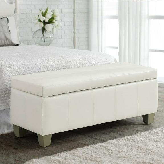 41'' Faux Leather Storage Ottoman Bench, Rectangle Upholstered End of Bed Storage Bench, Stitch Tufted Bedroom Bench with Storage, Entryway Large Storage Ottoman with Wooden Legs, White