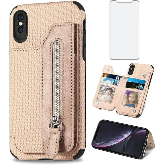 Phone Case for iPhone Xs Max Wallet Cover with Tempered Glass Screen Protector and Zipper Credit Card Holder Stand Leather Cell i X XR Xsmax 10x SX Xmax 10xs 10s 10 Plus Xmaxs Women Men Beige