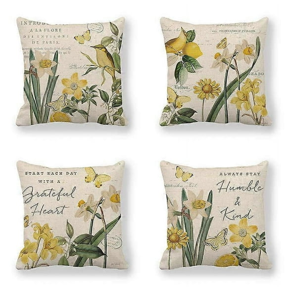 Juego de 4 fundas de cojín decorativas de 45 x 45 cm con diseño de mariposas y crisantemos de hojas verdes.