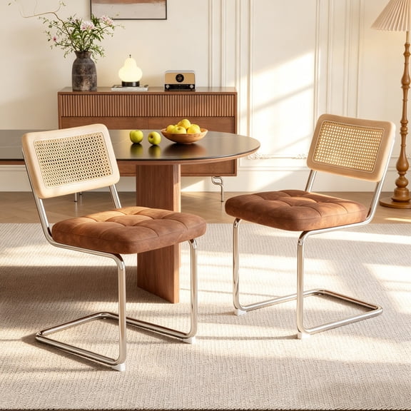Hawsaiy Faux Leather Rattan Dining Chairs Set of 2, Upholstered Dining Room Chairs with Cane Back, Mid Century Modern Cantilever Kitchen Chairs, Chrome Frame Armless Side Chairs, Brown