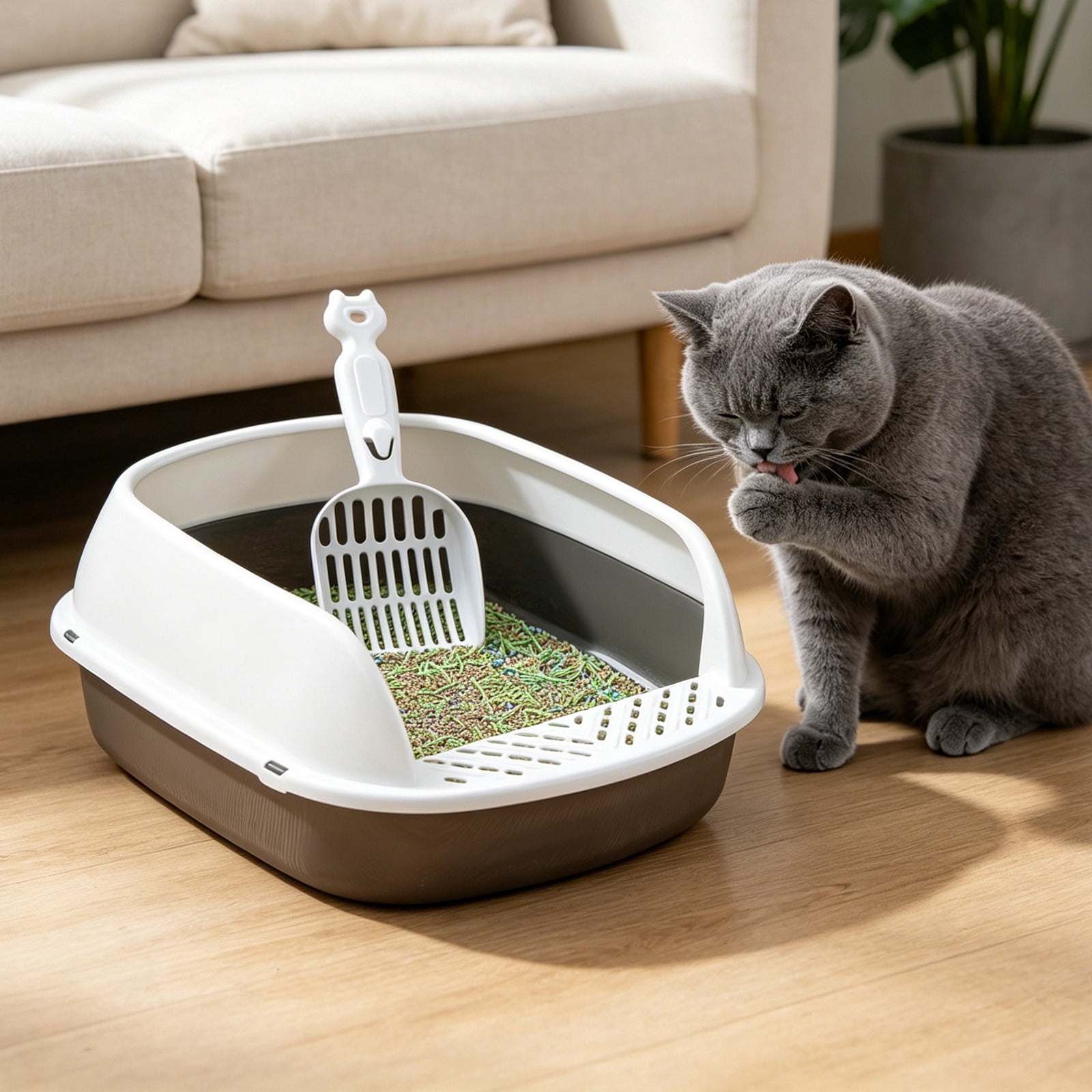 Semi Enclosed Cat Litter Box with Scoop Anti Splash Large Space Pet Toilet Box Easy Clean Kitty Litter Pan Hygienic Odor Control Durable Plastic Cat Toilet Tray for Indoor Cats